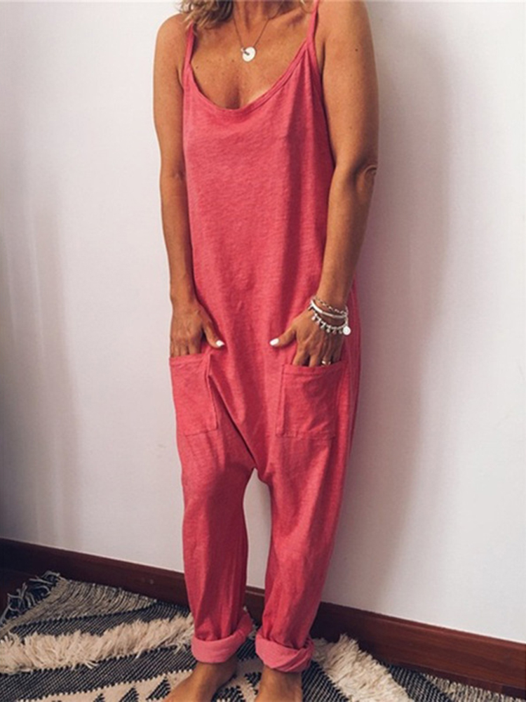Sleeveless Loose Solid Color Sling Jumpsuit