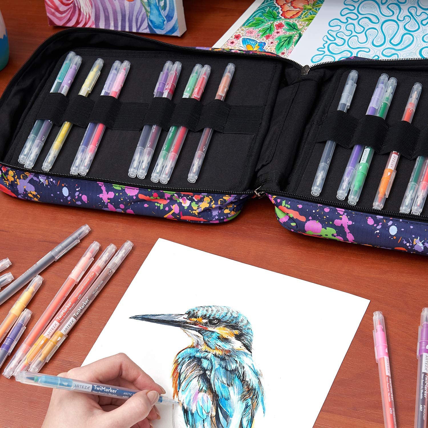 ARTEZA Pencil Case Organizer, 64 Elastic Slots, Holds Up to 205 Pencils, Paint Splatter Pattern