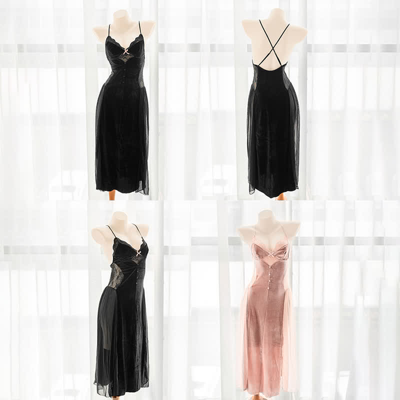 V-neck Backless Mesh Split Slip Lingerie Dress