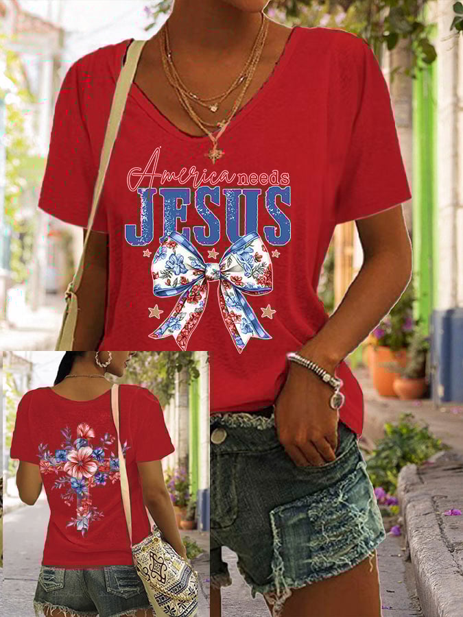 Women's America Needs Jesus Print V Neck Casual T-Shirt