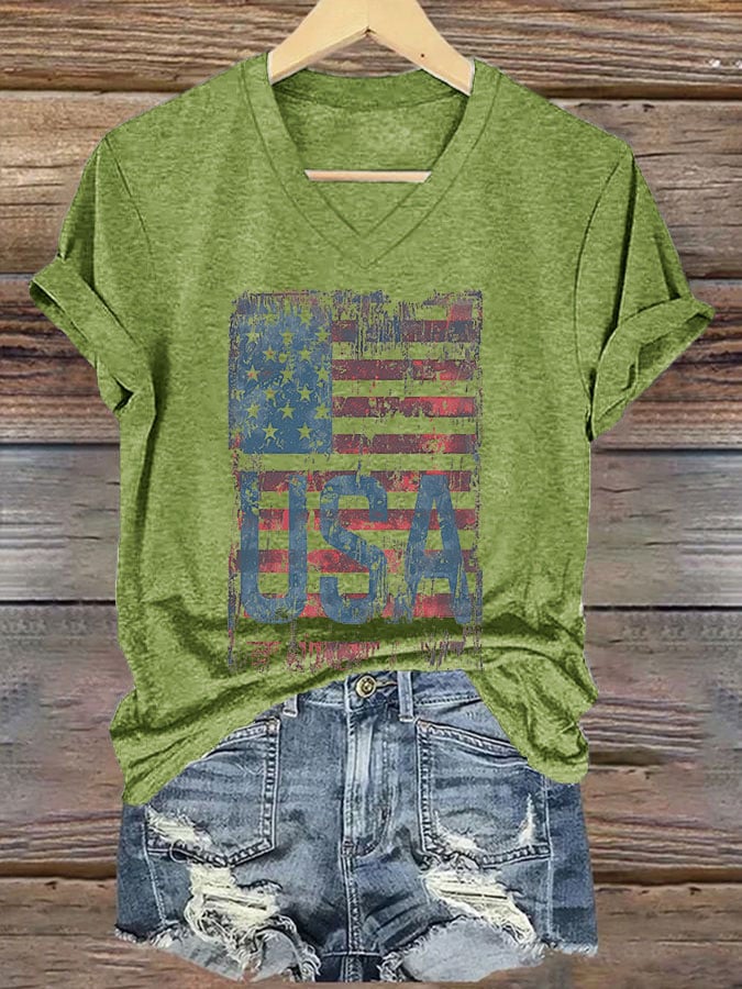 V-Neck Retro Independence Day Flag USA Print T-Shirt