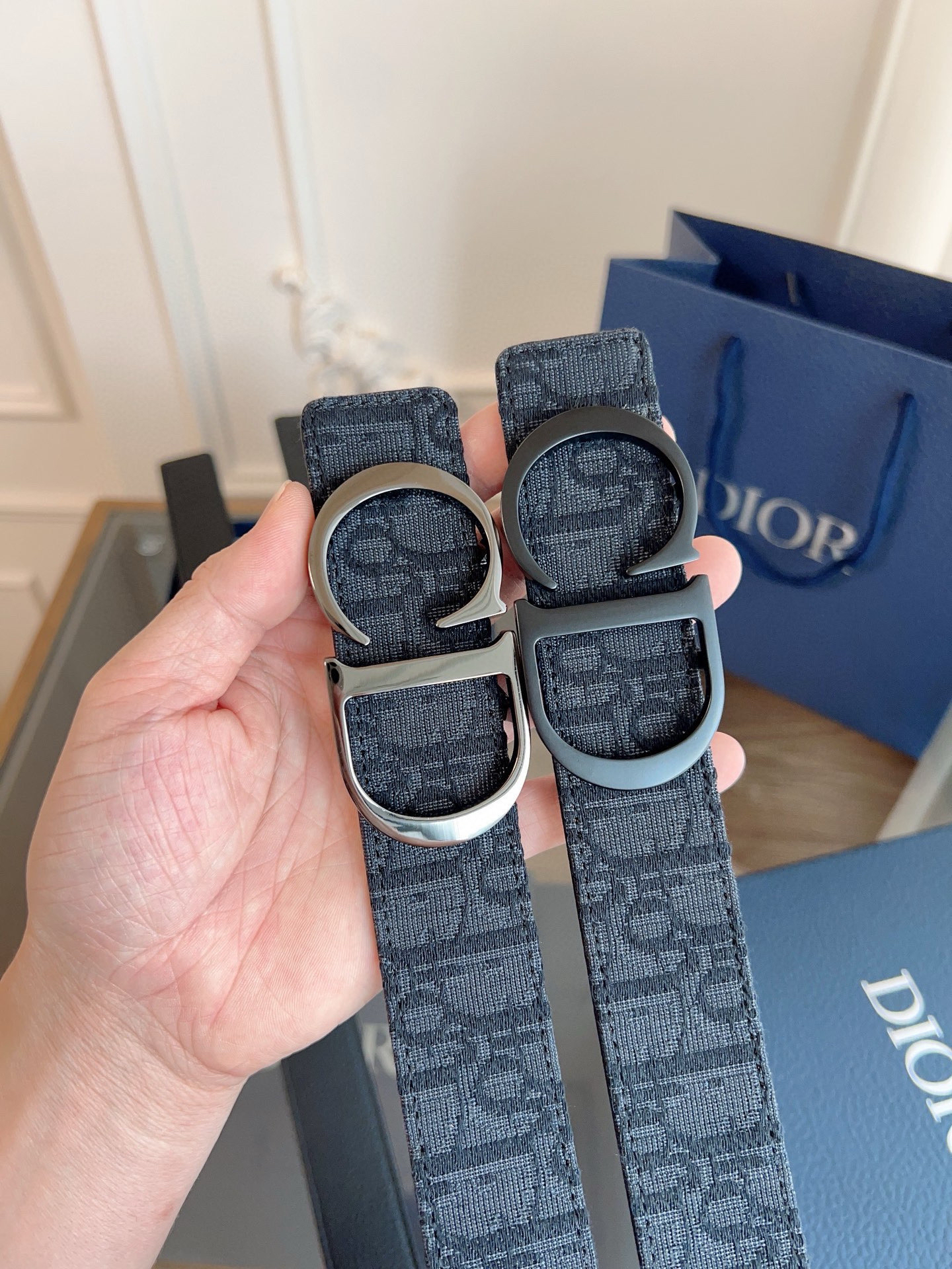 Dior Oblique black cloth and black cowhide belt width 3.5cm