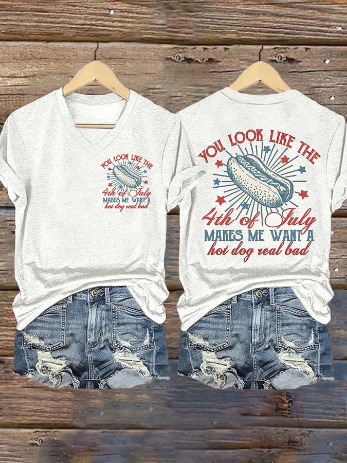 Womens Retro Independence Day Hot Dog Print T-Shirt