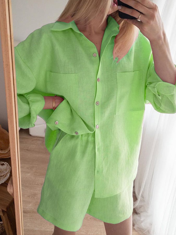 Women's Solid Color Simple Loose Casual Cotton And Linen Tops And Shorts Two-Piece Set
