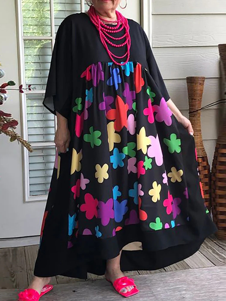Casual Loose Stitching Color Contrast Flower Print Cotton Linen Maxi Dress