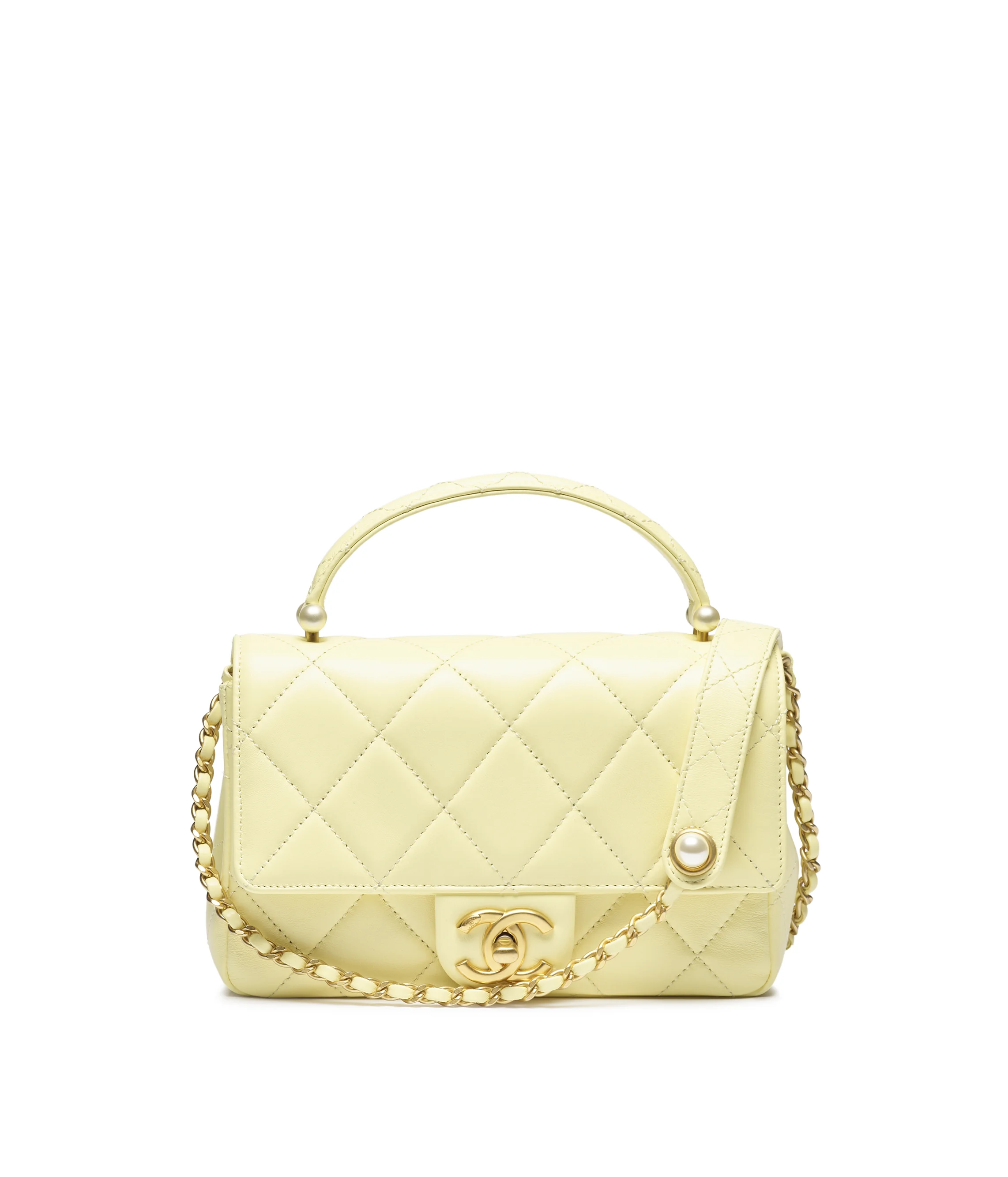 Chanel Mini Flap Bag with Top Handle Shiny Lambskin, Imitation Pearls & Gold-Tone Metal Light Yellow AS5399-B19655-NAAUK