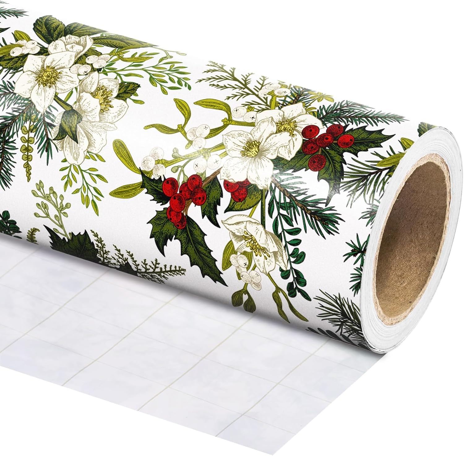 🎄Early Christmas Sale 🔥Christmas Wrapping Paper – White Floral with Green Leaves & Red Berries