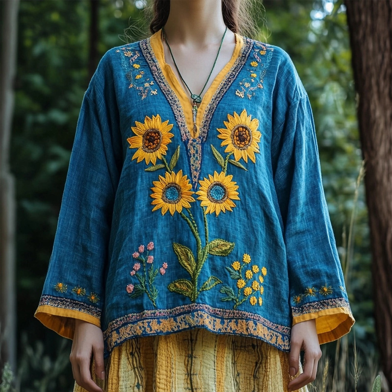 Vintage Sunflower Ethnic Embroidered Linen Blend Tunic
