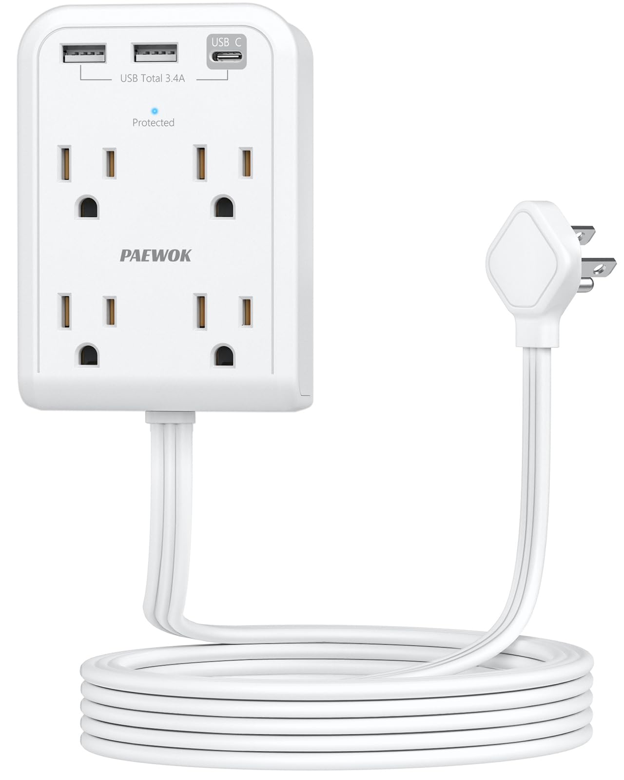 Flat Multi Plug Extender with 3 USB Wall Charger(1 Type C), 4 Outlet Wall Adapter, 6 ft Thin Extension Cord