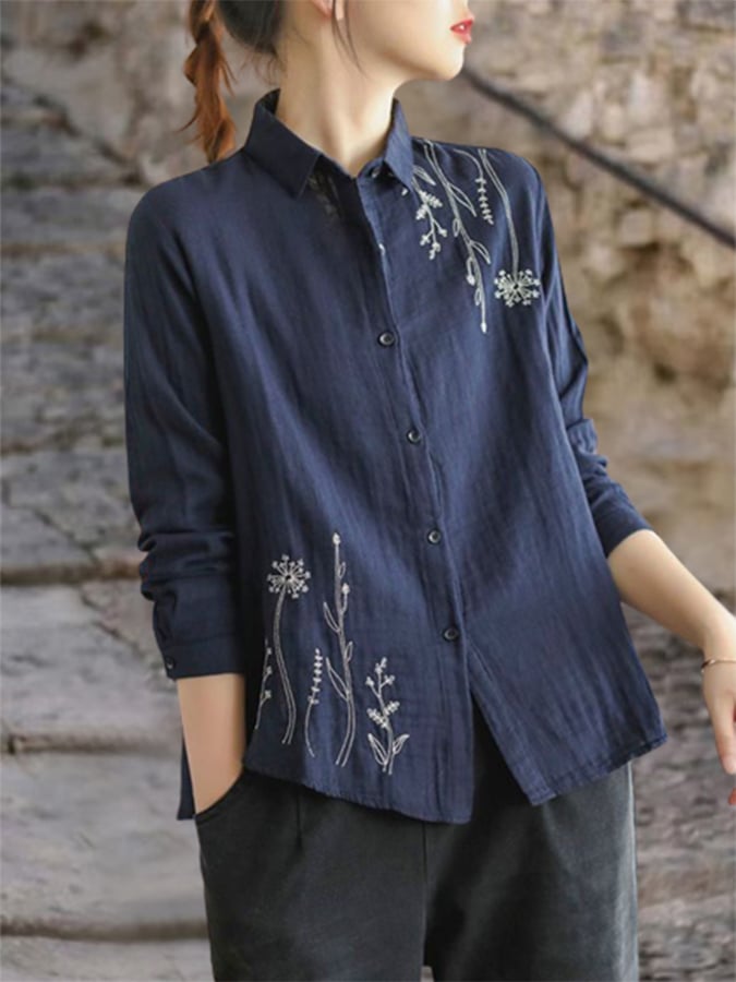 Minimalist Retro Embroidered Long Sleeved Lapel Shirt