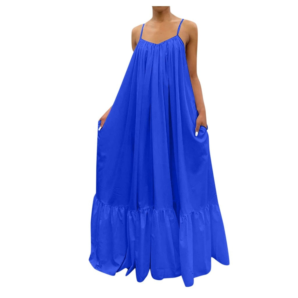 Women Plus Size Casual Solid Strap Dress Pocket Loose Backless Big Swing Dress