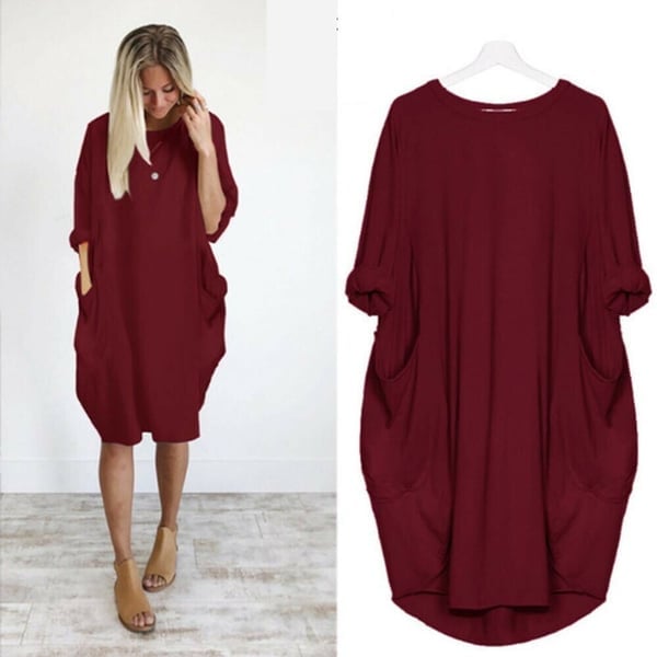 💝17 Colors Women Casual Loose Pocket Long Sleeves Dress