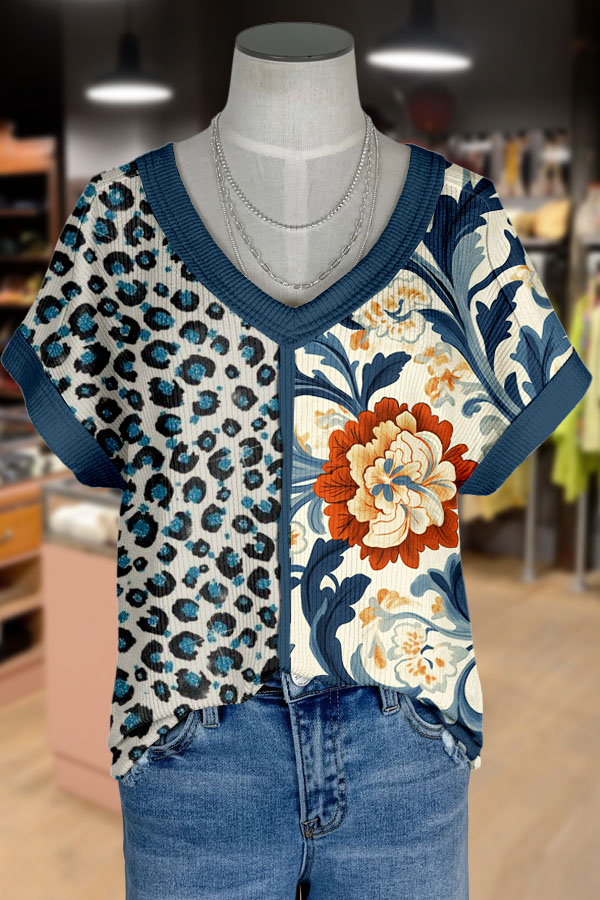 Vintage Floral Print V-Neck Leopard T-Shirt