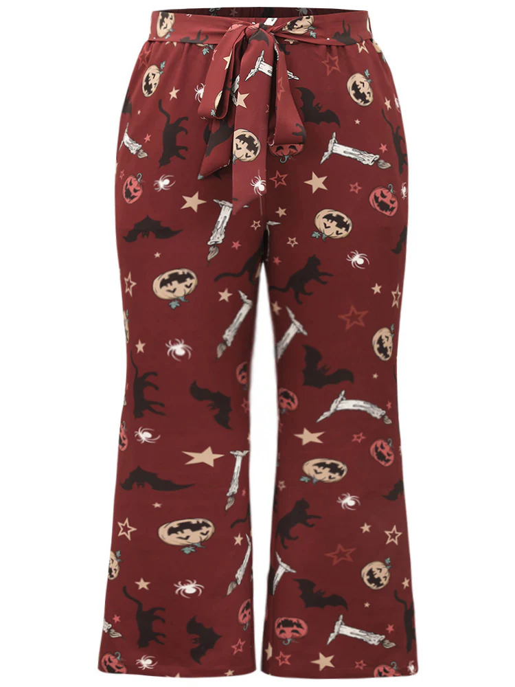 Halloween Graphic Belted Flare Leg Pants