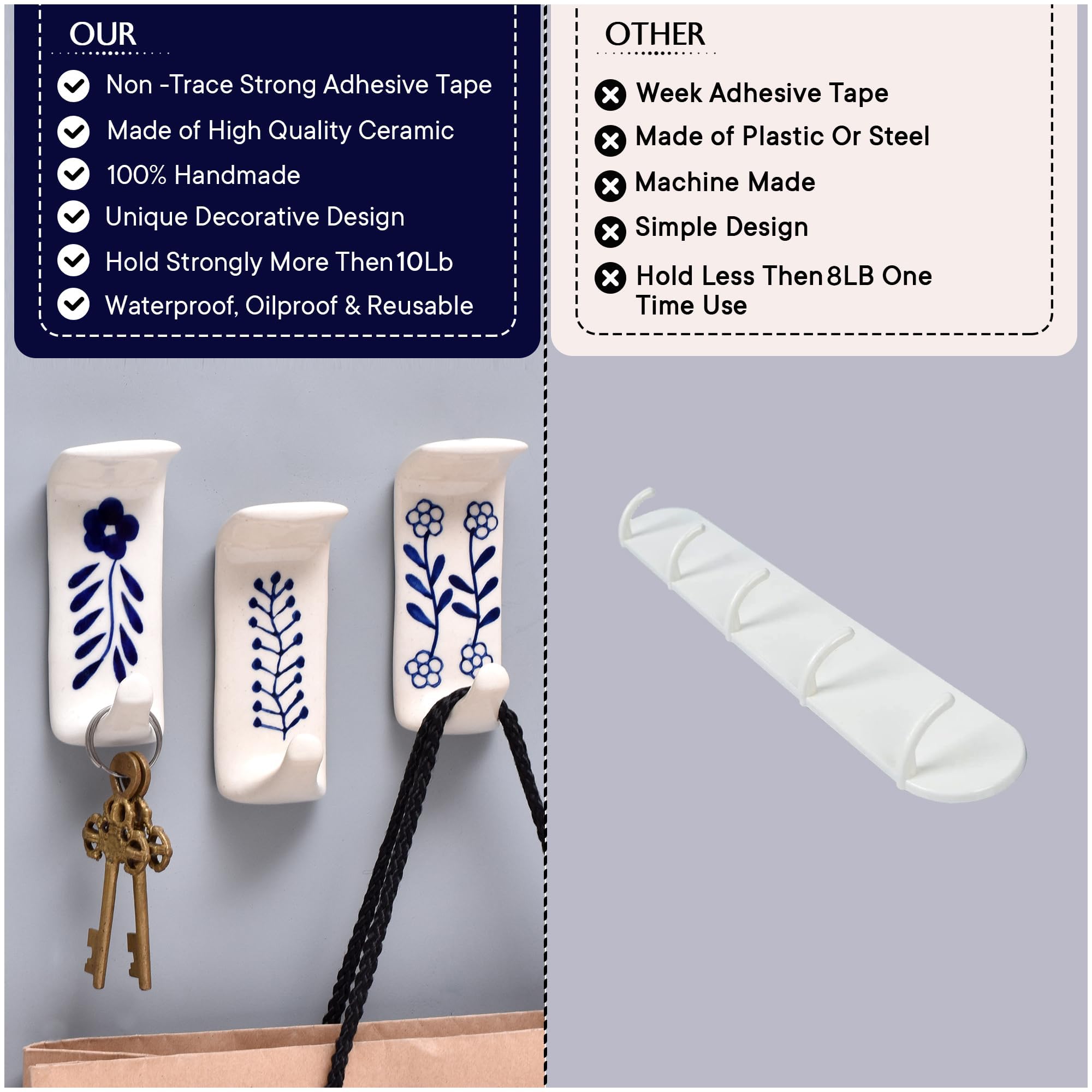 🔥Last Day 49% OFF🔥3 Pcs Handmade Premium Ceramic Boho Adhesive Wall Hooks