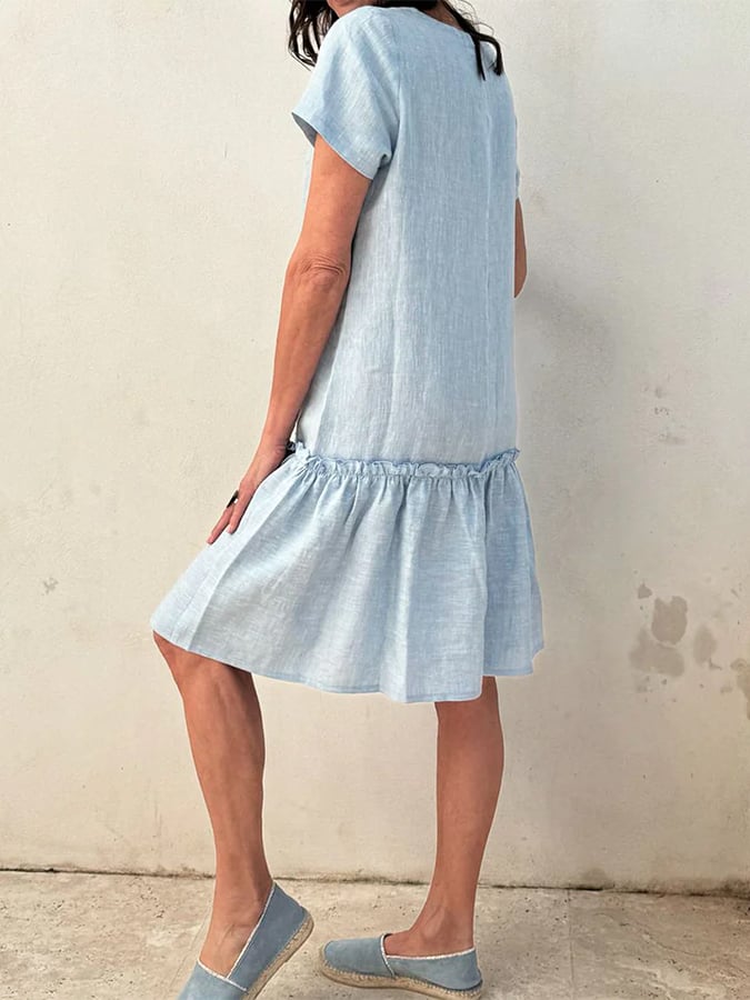 Women's Cotton And Linen Ruffled V-Neck Dress