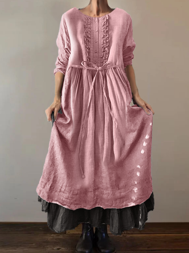 Vintage Ruffle Placket Tied Pleated Flowy Maxi Dress