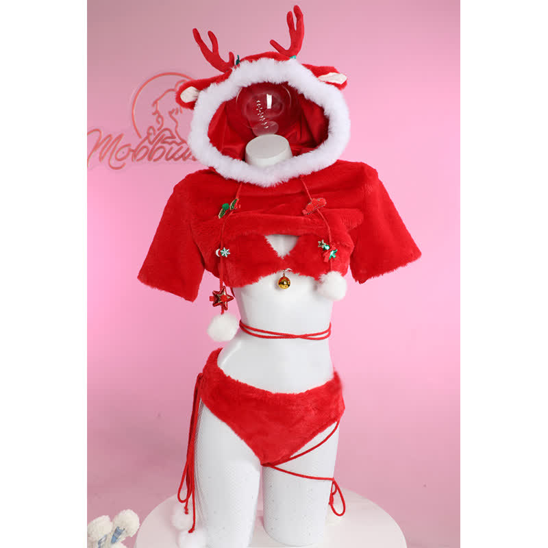 Cosplay Cartoon Deer Paw Hooded Plush Lingerie Set