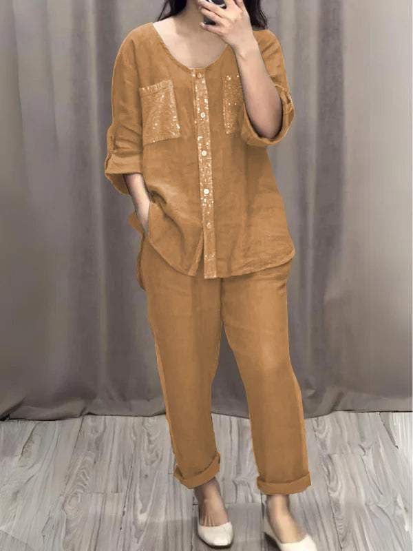Sequined Round Neck Mid-sleeve Two-piece Suit (Buy 2 Sets Free Shipping)