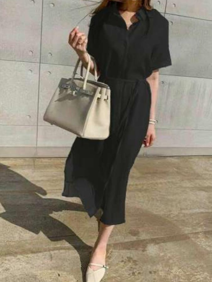 Women's  Simple Loose Lace Up Cotton Linen Shirt Dress