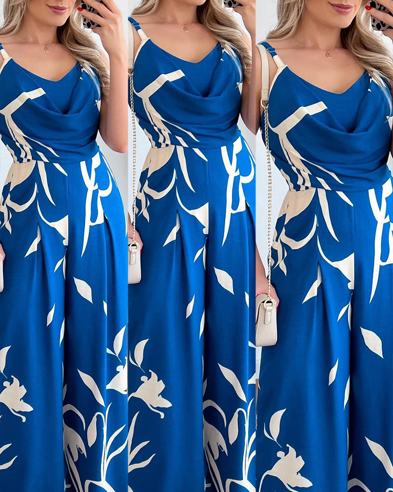 Wide-Leg Jumpsuit for Women Printed Suspender Waist