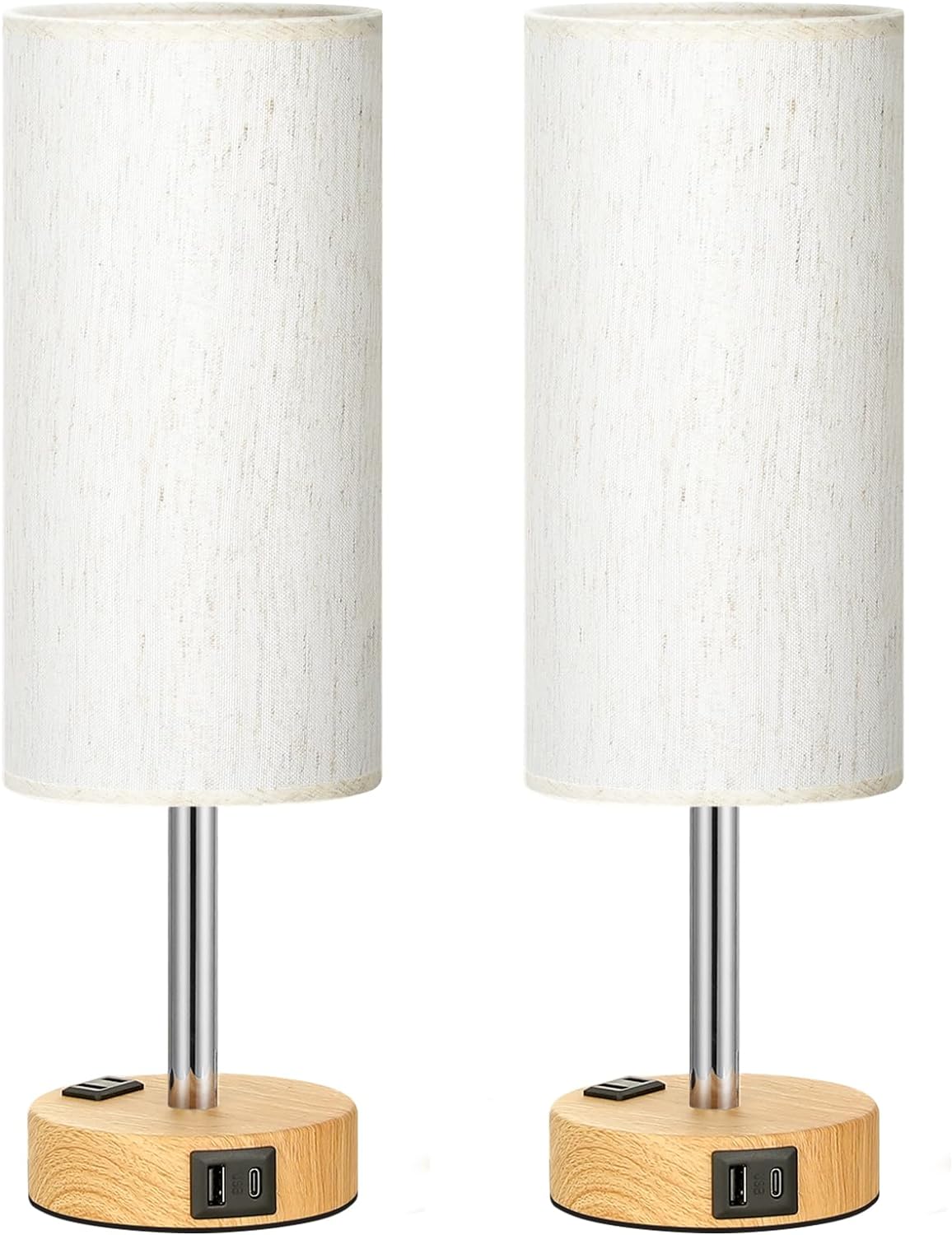 Bedside Table Lamp for Bedroom - 3 Way Dimmable Touch Lamp USB C Charging Ports and AC Outlet, Small Lamp Wood Base Round Flaxen Fabric Shade for Living Room, Desk, LED Bulb Included