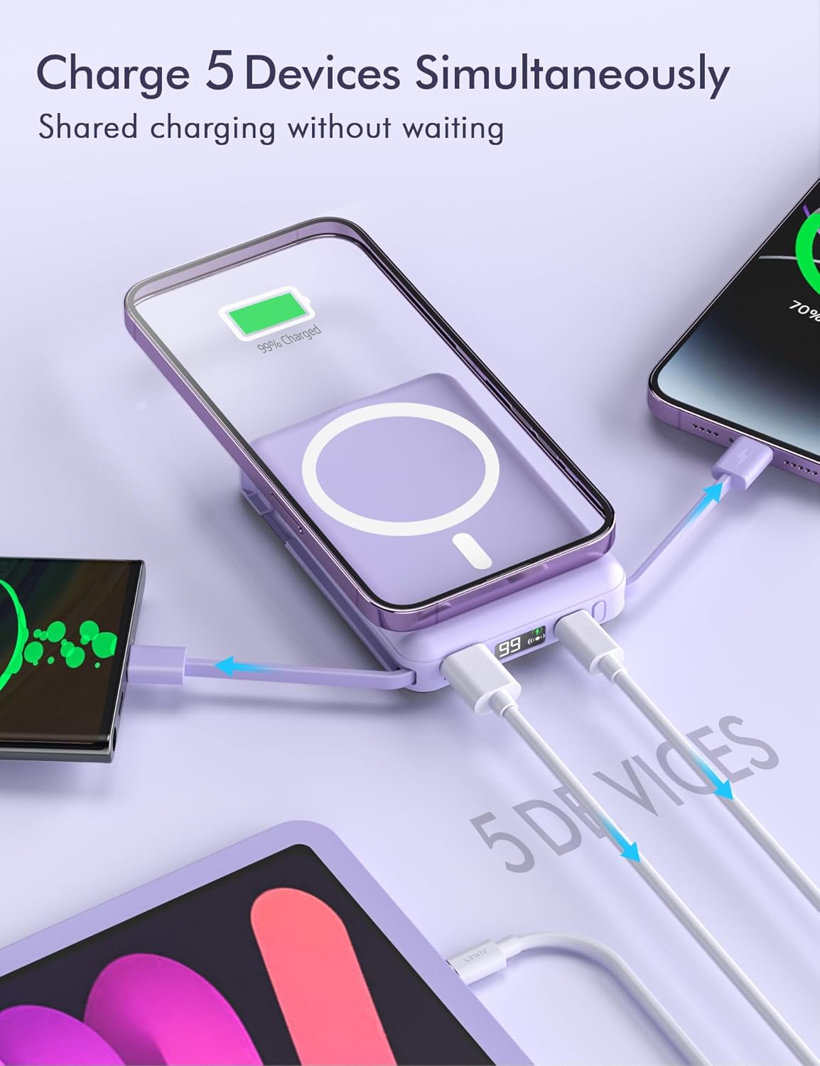 podoru Wireless Portable Charger, 10000mAh Magnetic Power Bank Built-in USB-C Lighting Cables 22.5W PD Fast Charging LED Display Mag-Safe Battery Pack for iPhone 15/14/13/12/Mini/Pro/Pro Max - White