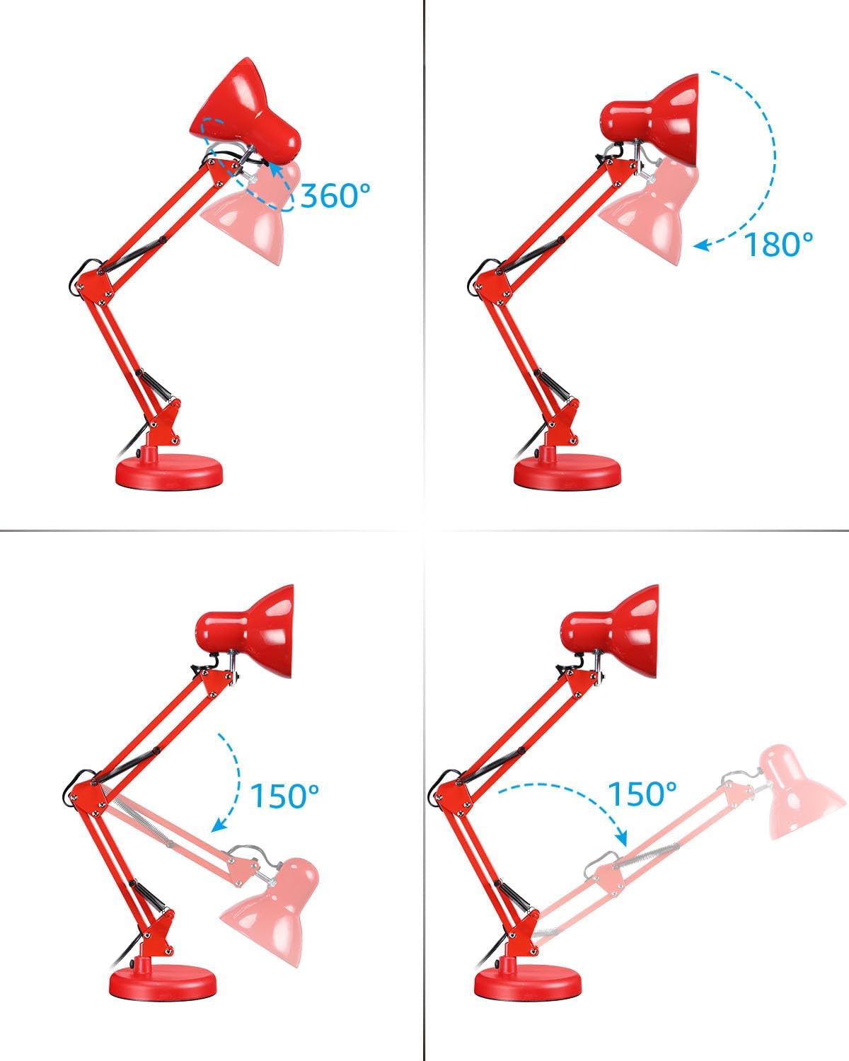 TORCHSTAR Metal Desk Lamp with Clamp, Swing Arm , Architect Adjustable Gooseneck Table Lamp, Clip Desk Lights for Home Office, Work, Study, Reading, E26 Base, Multi-Joint, Black
