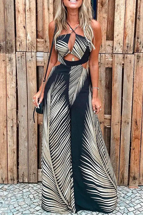 Heididress Halter Cut Out Printed Beach Jumpsuit