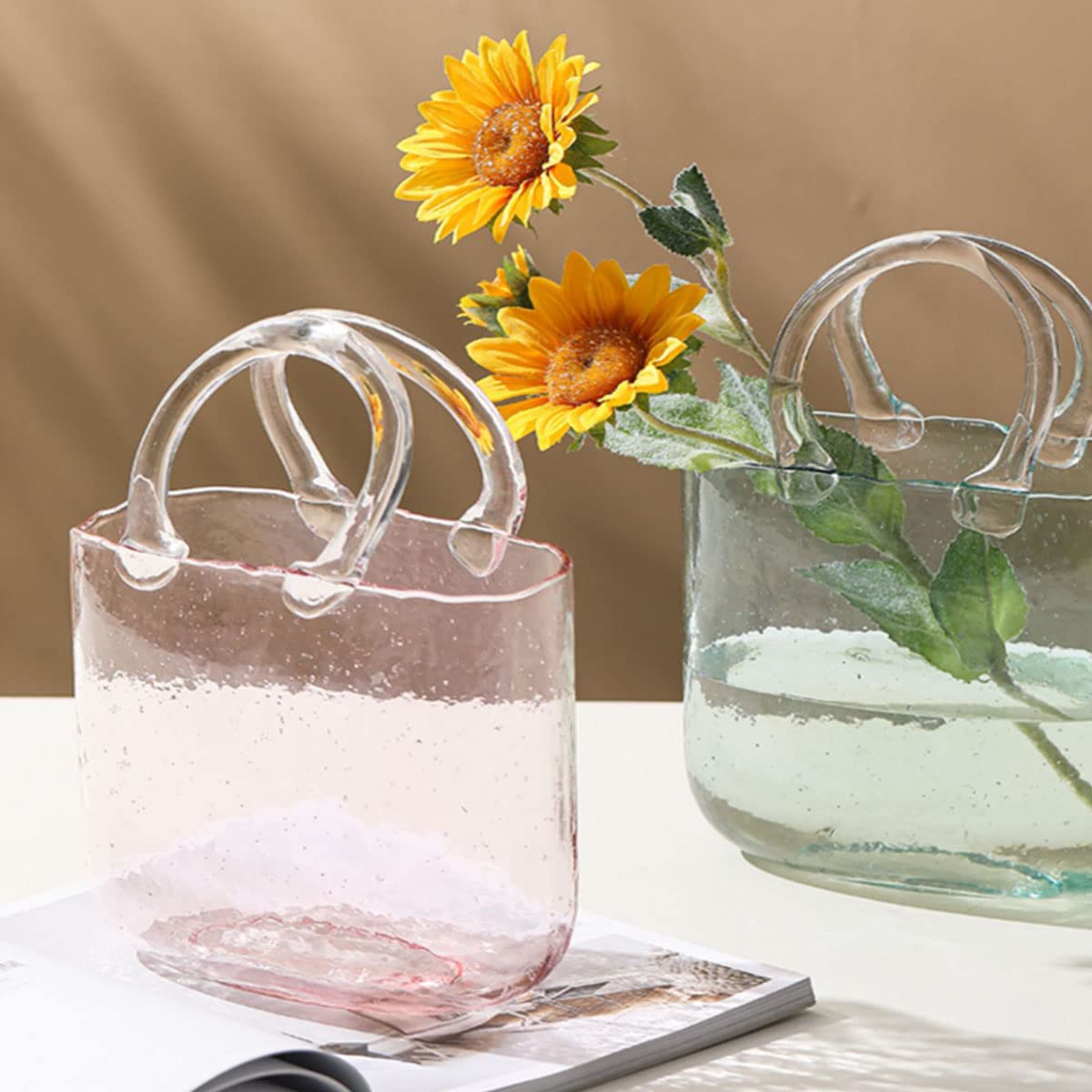 Glass Purse Vases for Flowers,Hand Blown Pink Vase with Bubbles in It