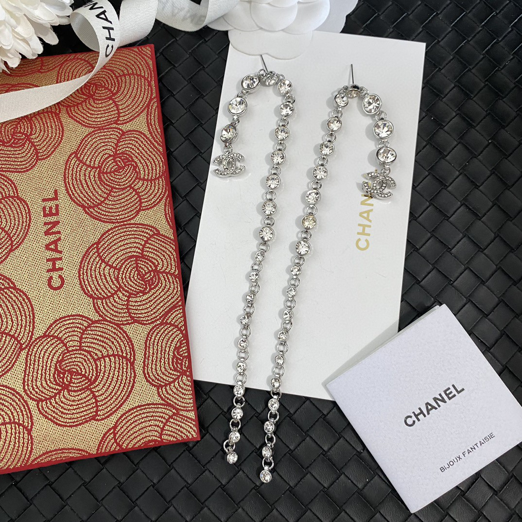Chanel Silver Round Diamond Long Earrings