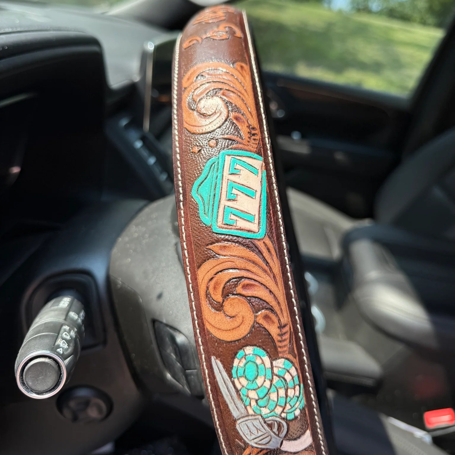 🏆Last Day 49% OFF⚡Hand-tooled Leather Steering Wheel Cover