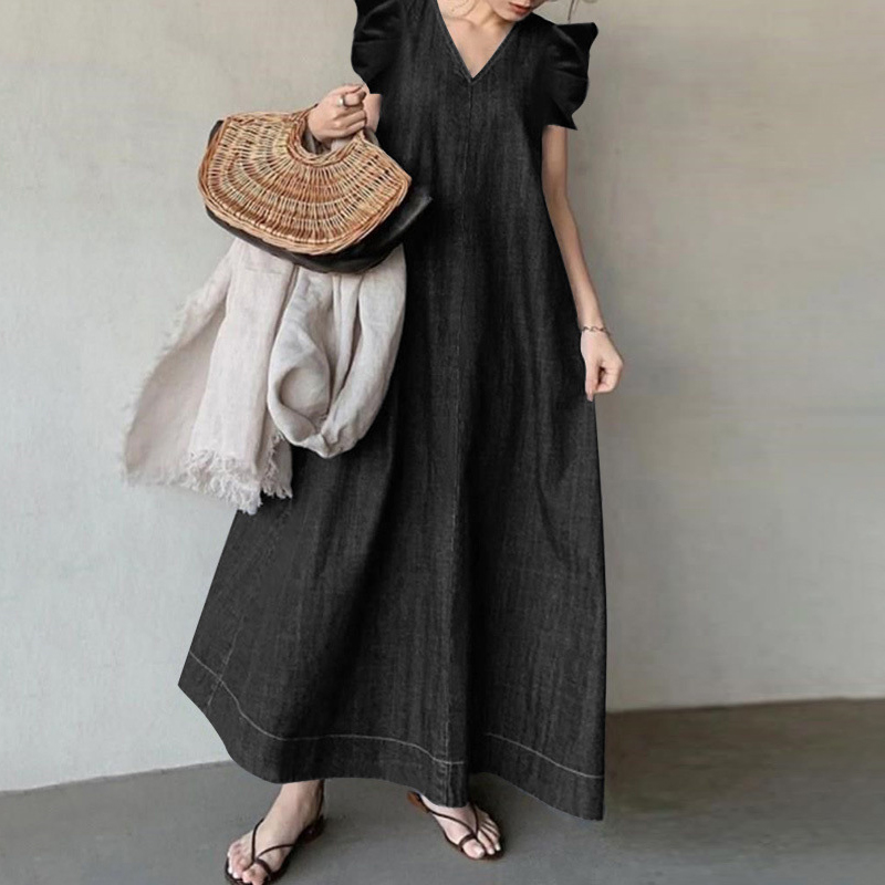 Vintage Plain V Neck Maxi Dress