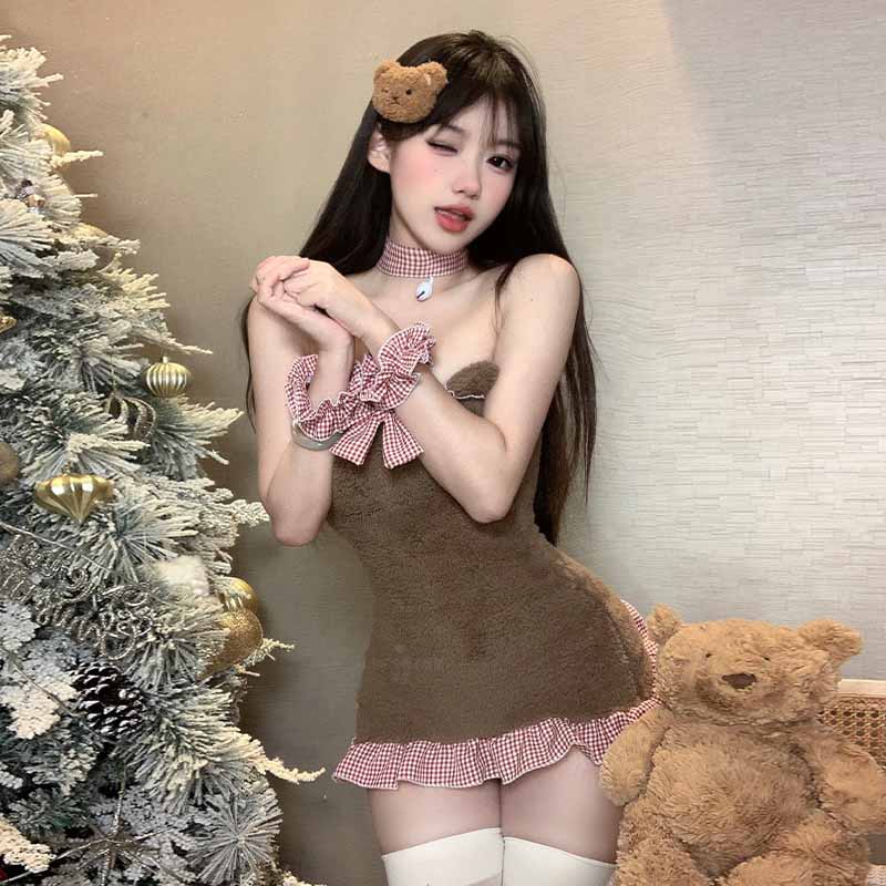 Cosplay Maid Plaid Bear Plush Lingerie Set