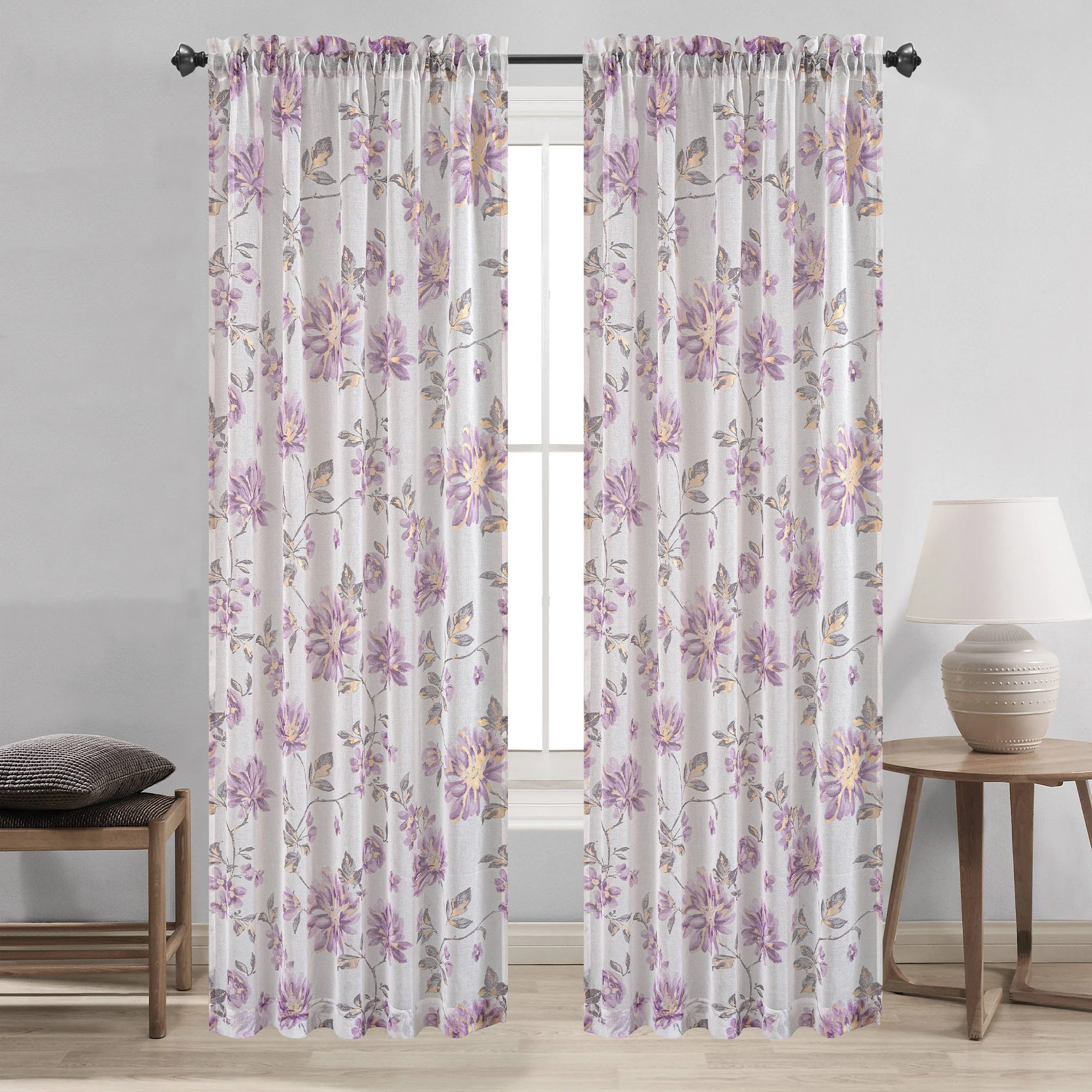 Anna Sheer Metallic Floral Rod Pocket Window Panel & Waterfall Valance, All Sold Separately