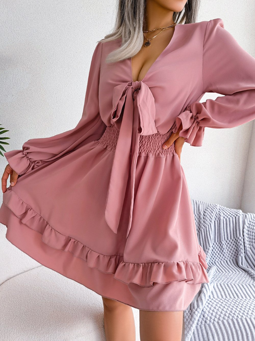 Avamo Ladies Short Dress V Neck Mini Dresses Lace Up Holiday Loose Sexy Long Sleeve