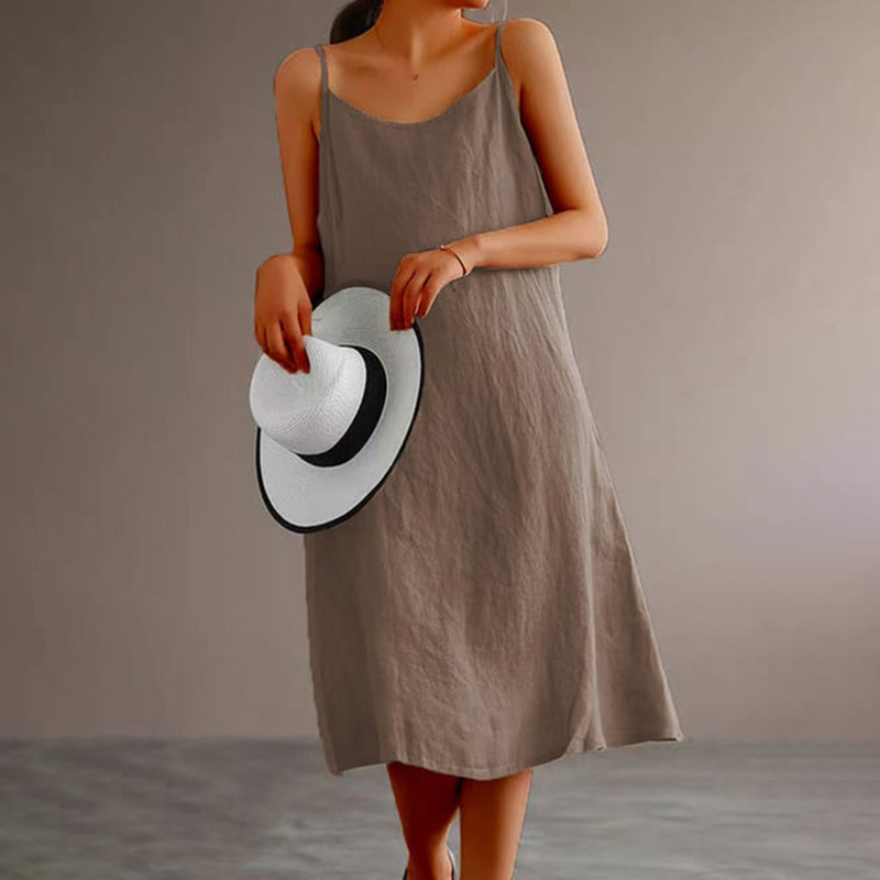 Cotton Linen Solid Color Sling Midi Dress