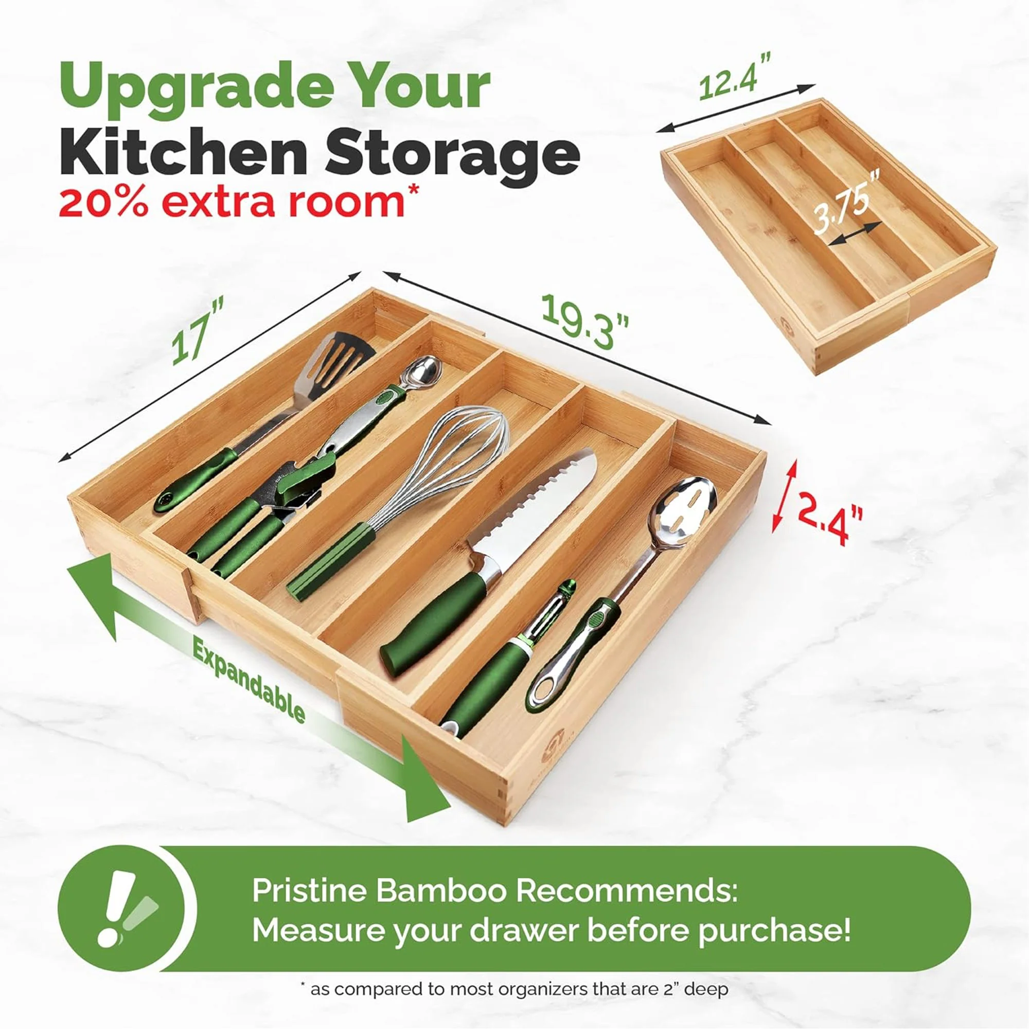 Pristine Bamboo Silverware Expandable Adjustable Wooden Divider Tray Organizer, 5 Slots, 17x19.3x2.4 Inches
