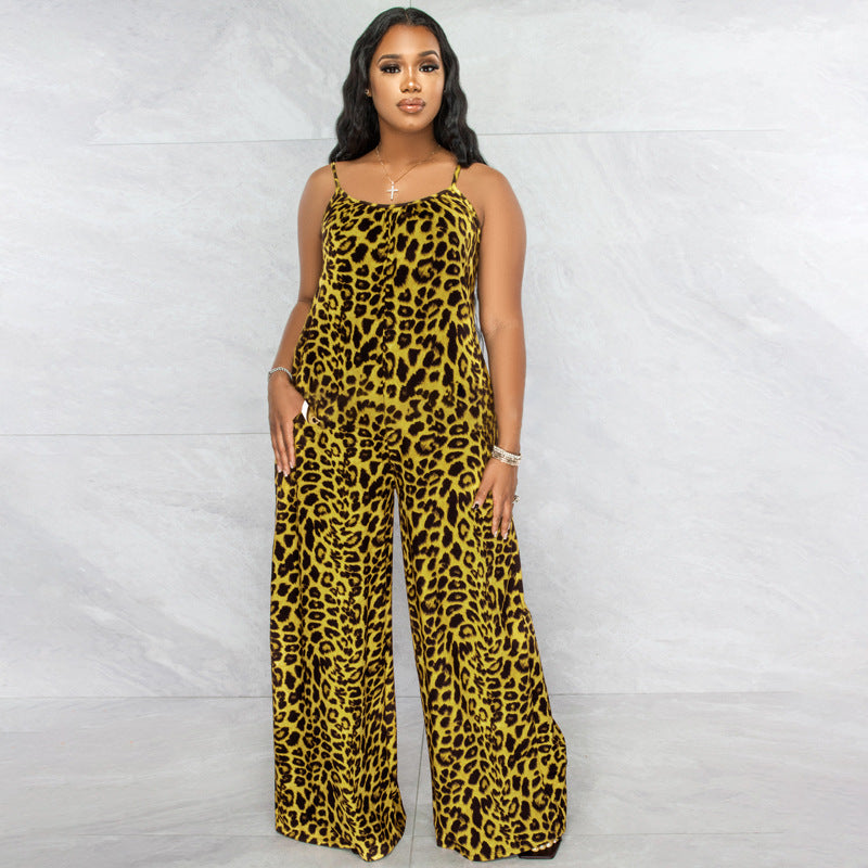 Plus Size New Jumpsuit Summer Leopard Print Sling Casual Jumpsuit
