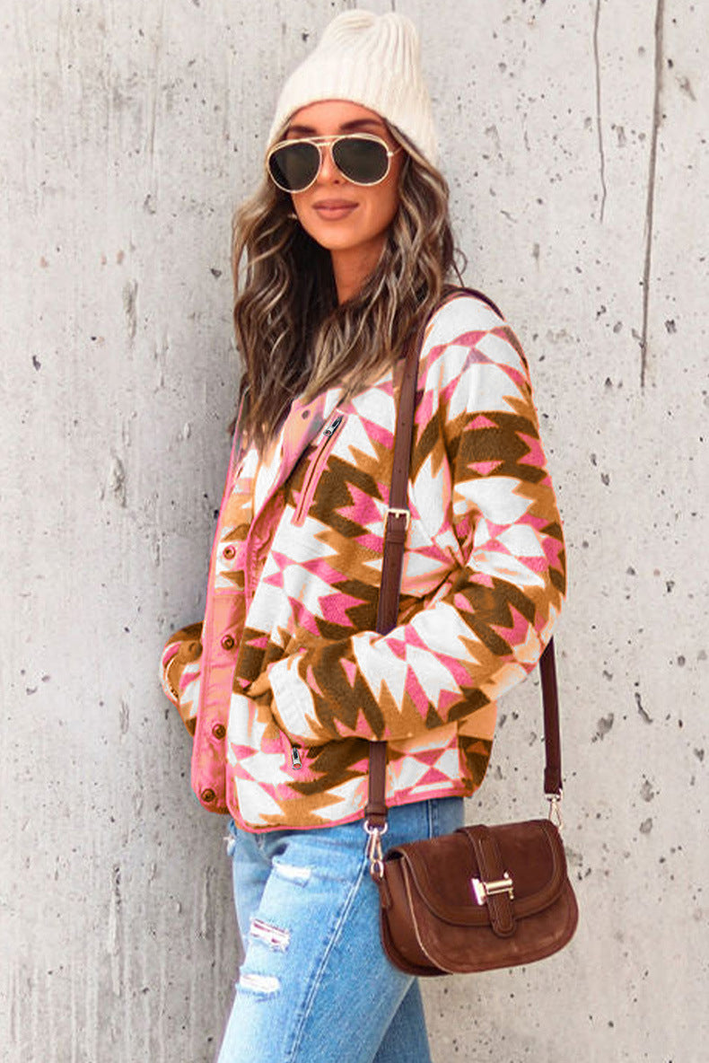 Women's Fleece Jacket with Western Style Color Matching
