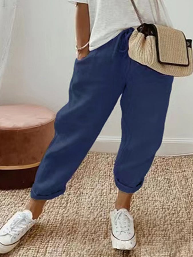 Women'S Cotton Linen Solid Color Casual Trousers
