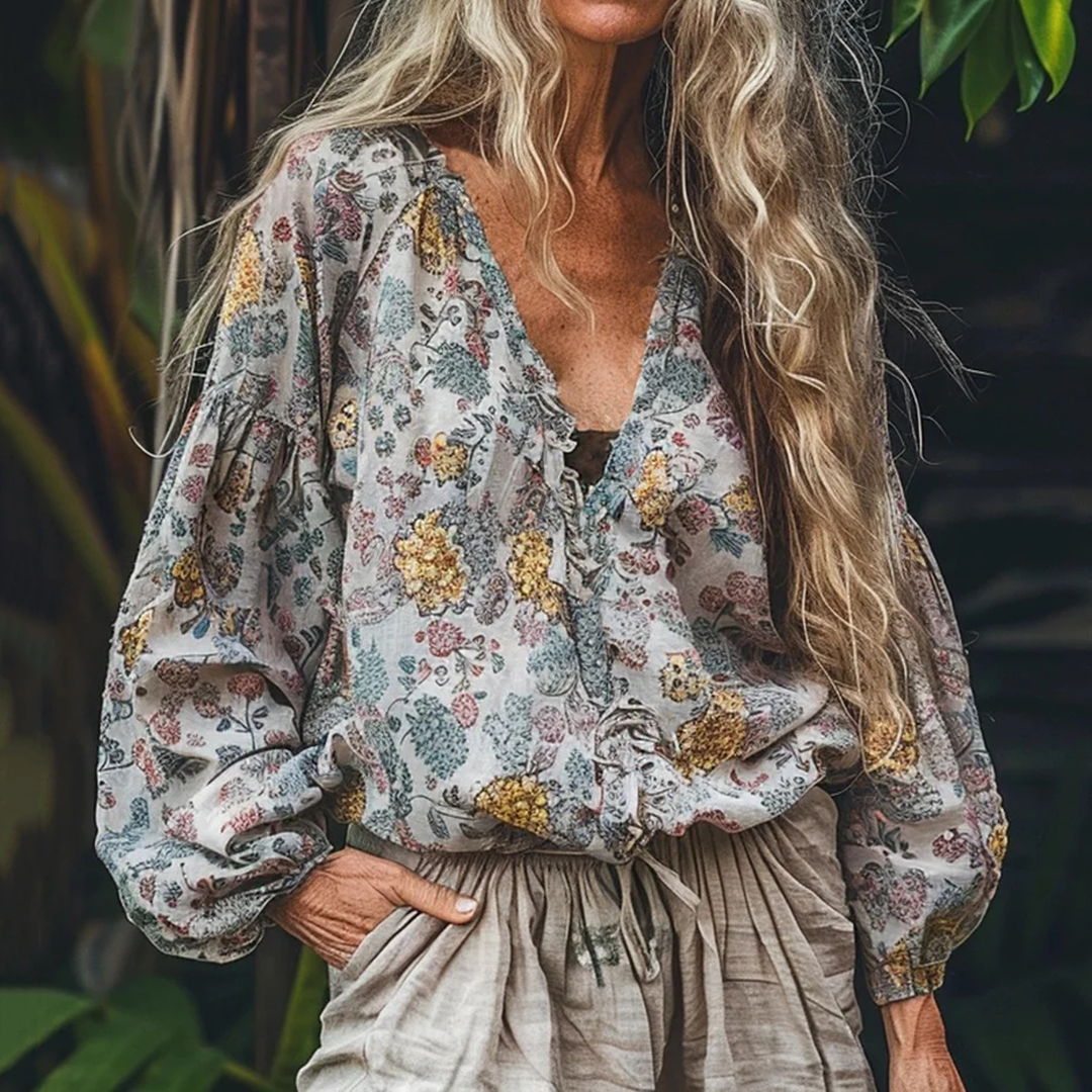 Bohemian Floral Linen Art Print Long Sleeve V-neck Shirt