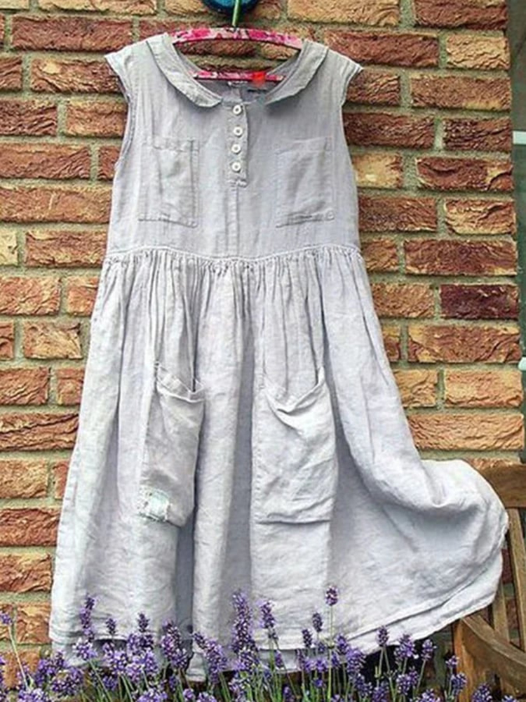 Vintage Linen Loose Pocket Sleeveless Midi Dress