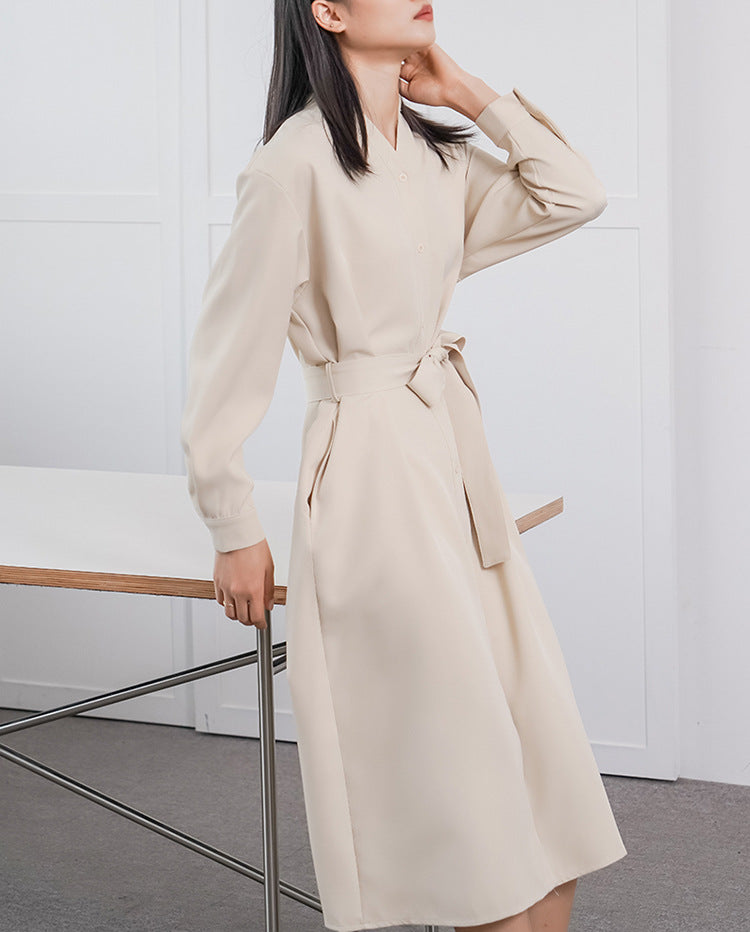 Spring Autumn Women Long Sleeve Loose Dress High Grade Windbreaker Dress Women Belt Adjustable