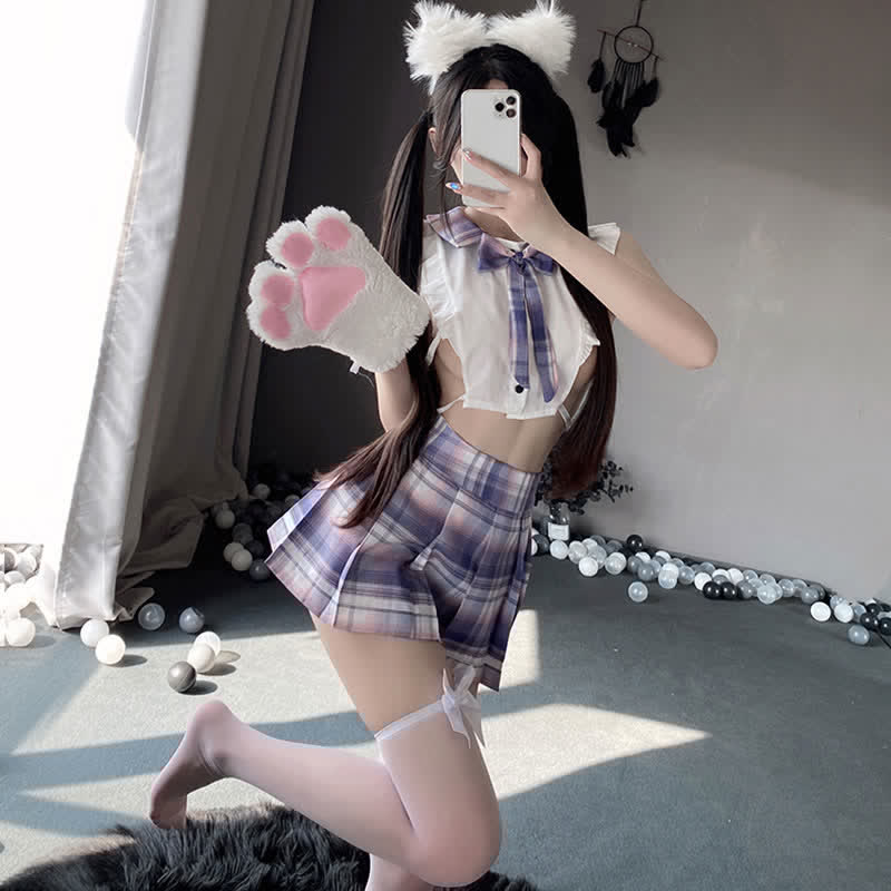 Plaid JK Uniform Hollow Out Sexy Lingerie Stockings Set