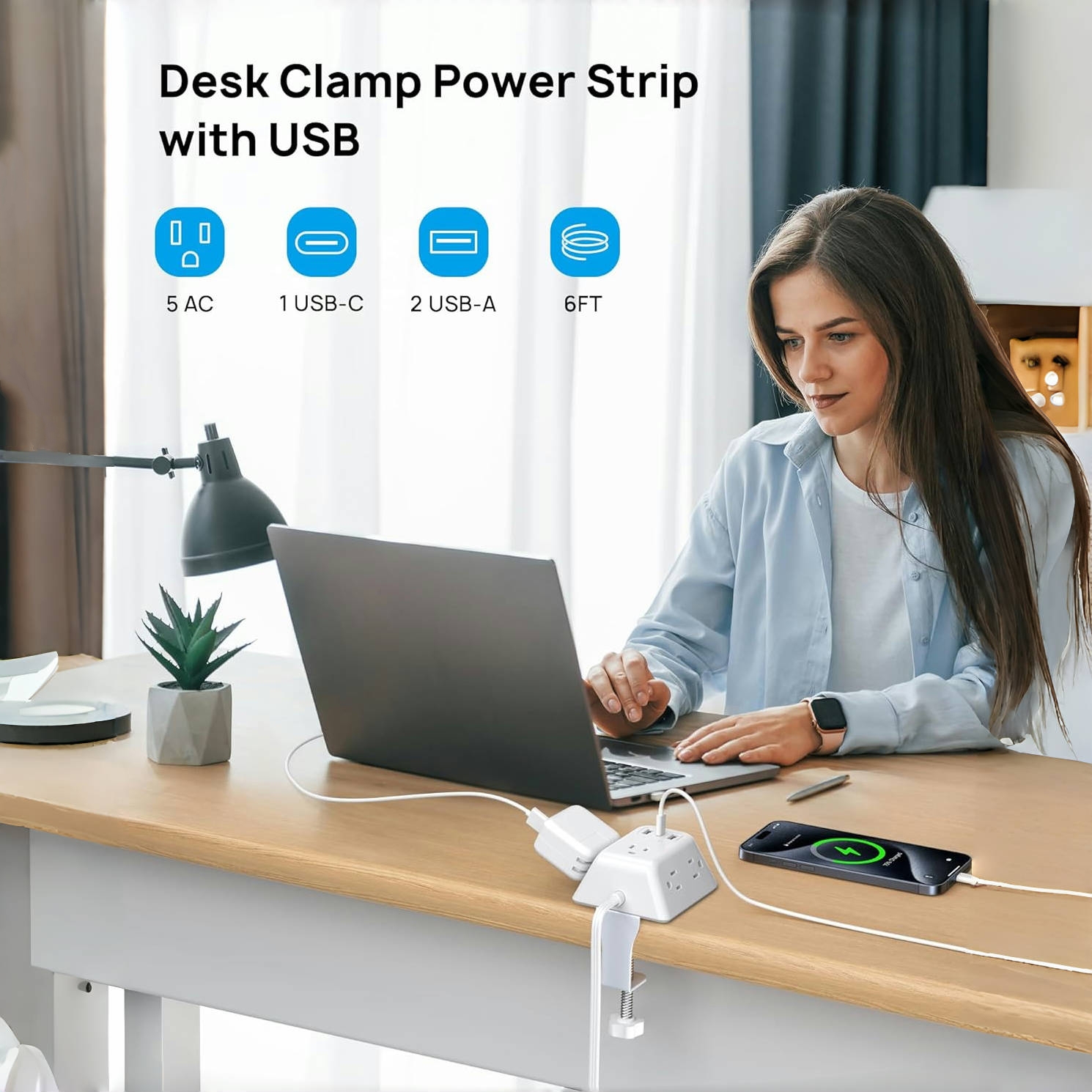 🔥On Sale🔥Desk Clamp Power Strip With Surge Protector and 5 AC Outlets and 3 USB Ports