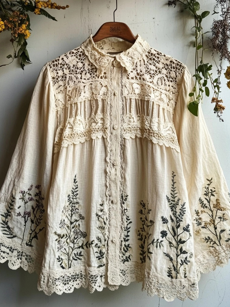 Vintage Floral Embroidered Linen Blend Lace Blouse