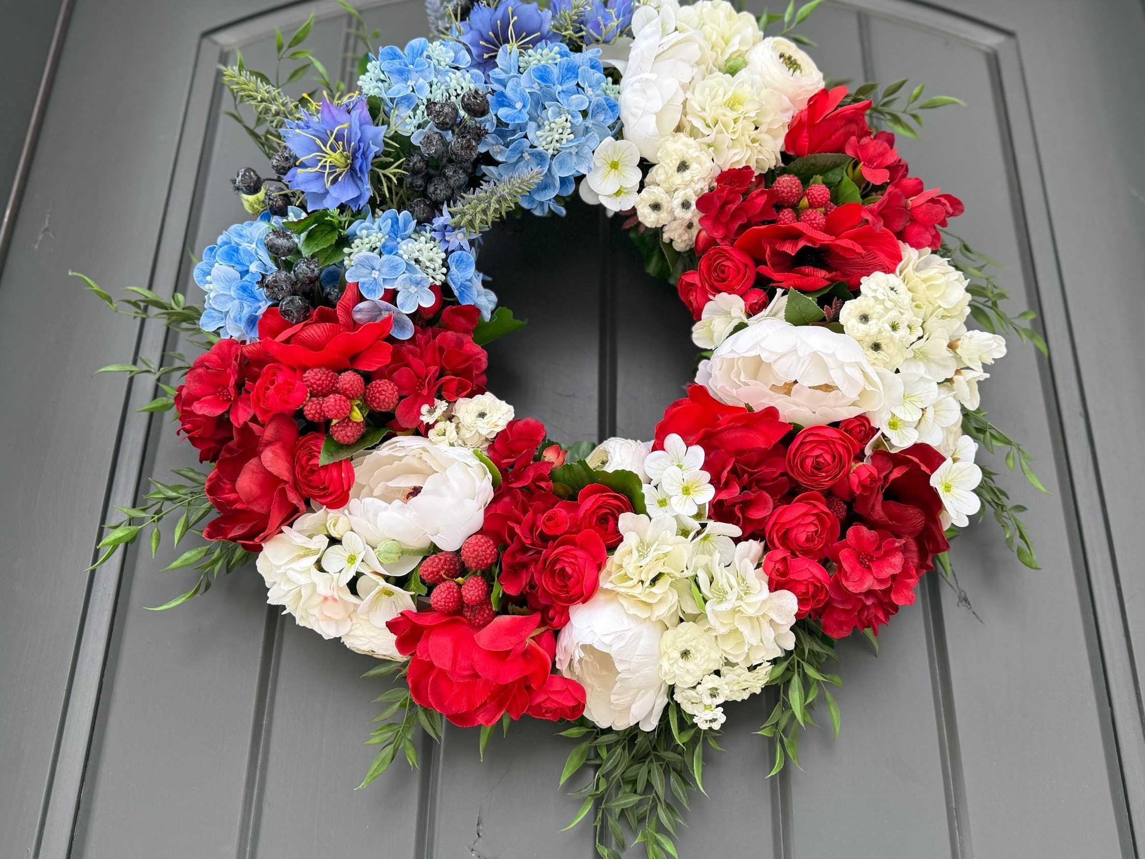 🔥ON SALE🔥Red White and Blue Patriotic Wreath with Faux Florals, Handmade Gift USA