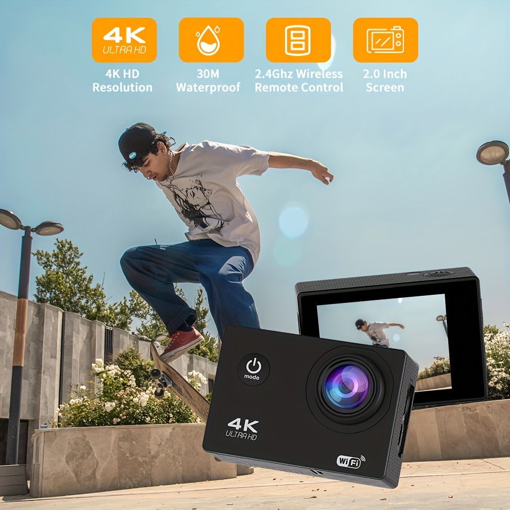 Action Camera 4K Ultra HD - Waterproof, WiFi, Remote Control, 8GB Card, 170° Wide-Angle Lens - Capture Your Adventures Like Never Before