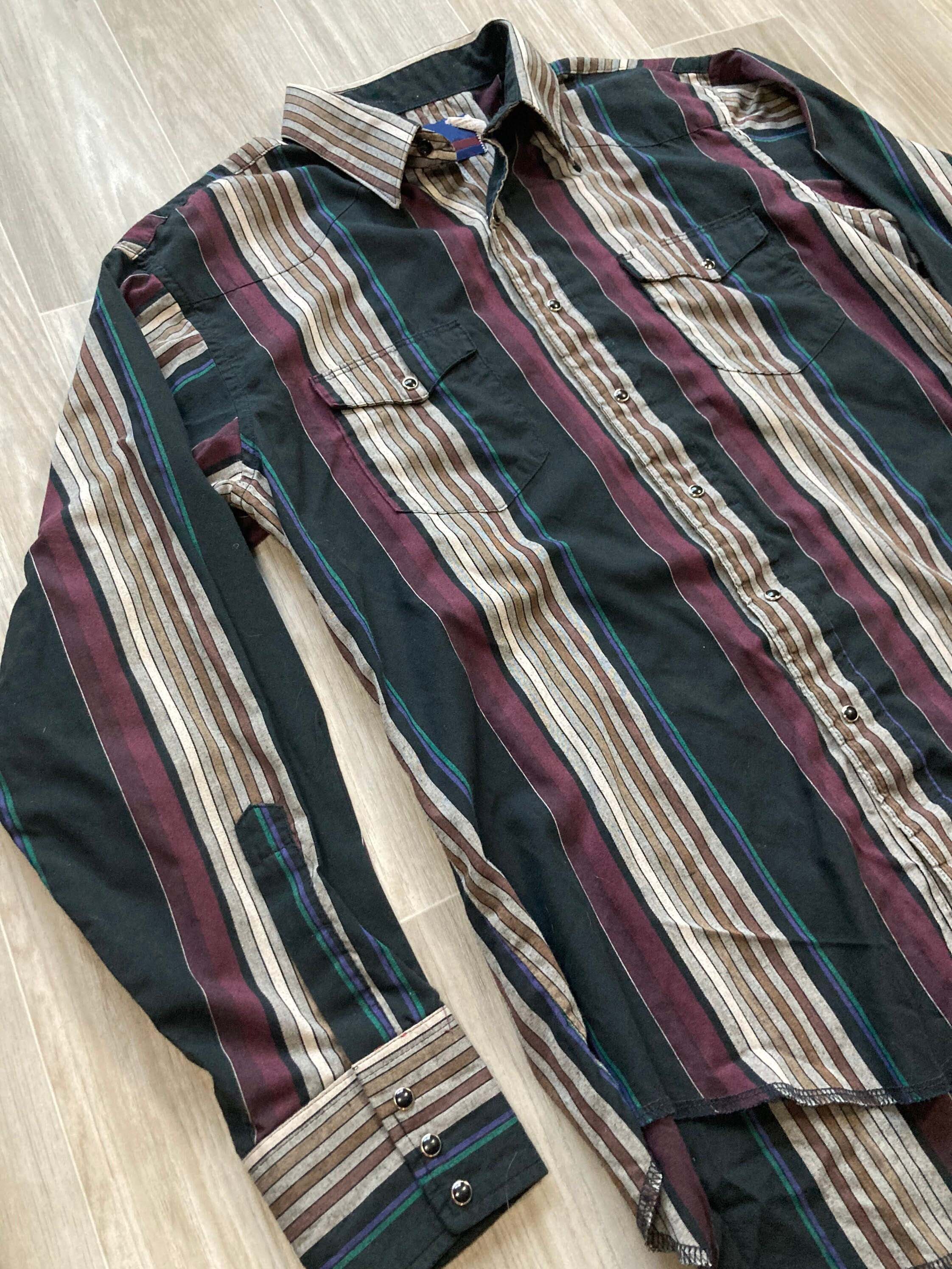 Men's Fashion Western Green Red Striped Long Sleeve Shirt